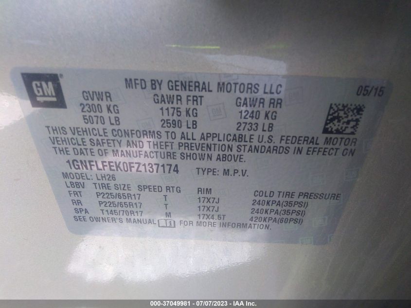 2015 CHEVROLET EQUINOX LT - 1GNFLFEK0FZ137174