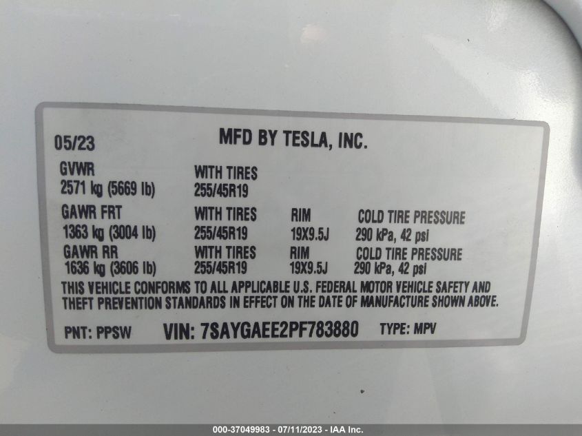 2023 TESLA MODEL Y LONG RANGE - 7SAYGAEE2PF783880