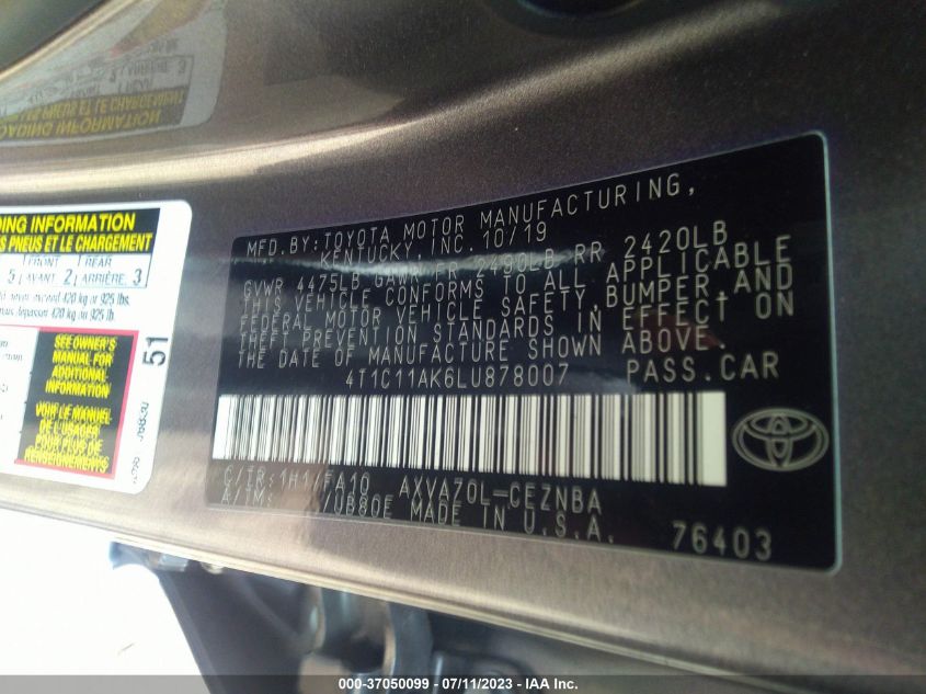 2020 TOYOTA CAMRY LE - 4T1C11AK6LU878007