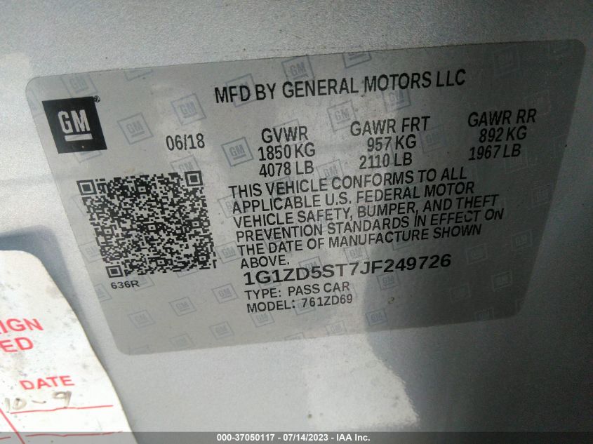 2018 CHEVROLET MALIBU LT - 1G1ZD5ST7JF249726