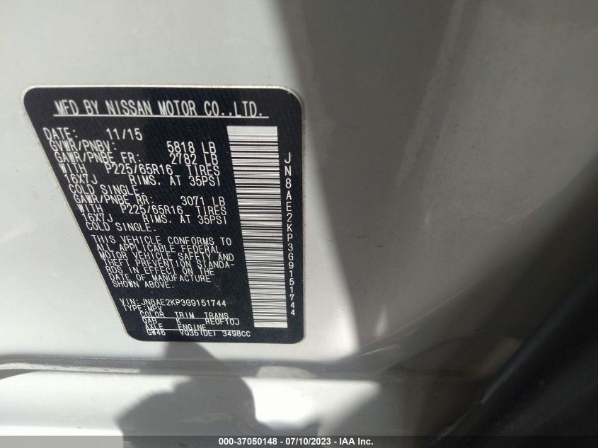 2016 NISSAN QUEST SV/S/PLATINUM/SL - JN8AE2KP3G9151744