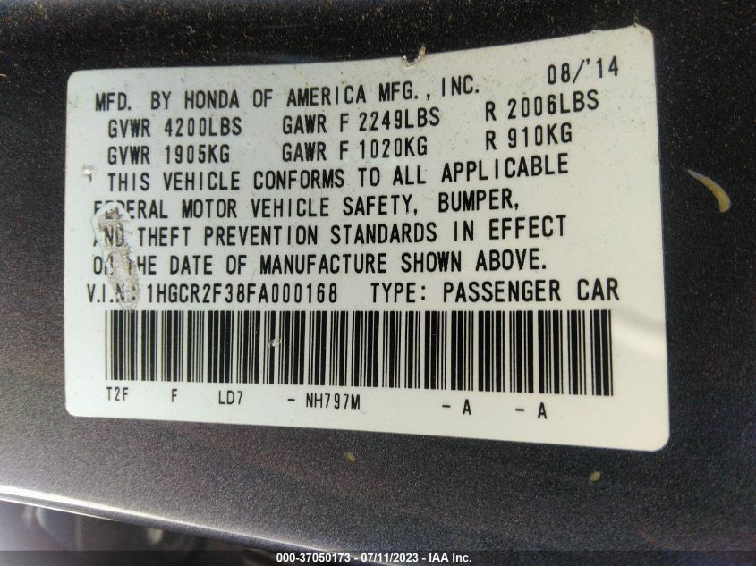 2015 HONDA ACCORD SEDAN LX - 1HGCR2F38FA000168