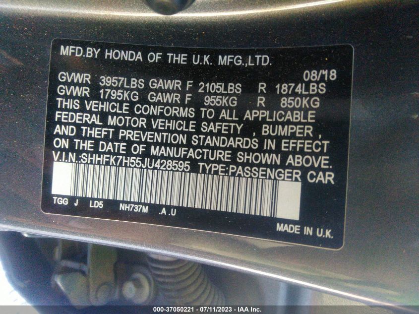 2018 HONDA CIVIC HATCHBACK EX - SHHFK7H55JU428595