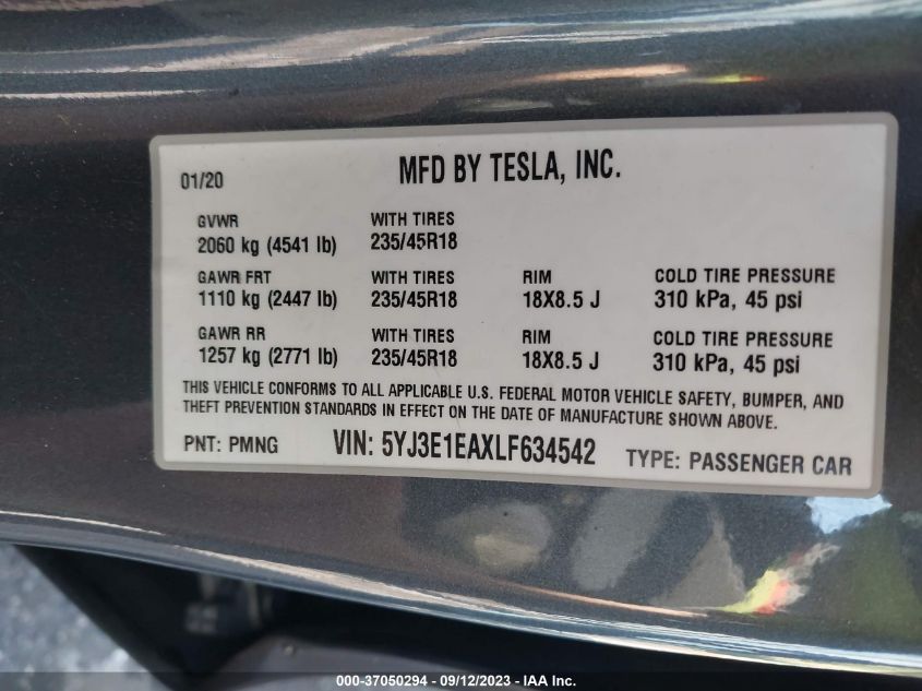 2020 TESLA MODEL 3 STANDARD RANGE - 5YJ3E1EAXLF634542