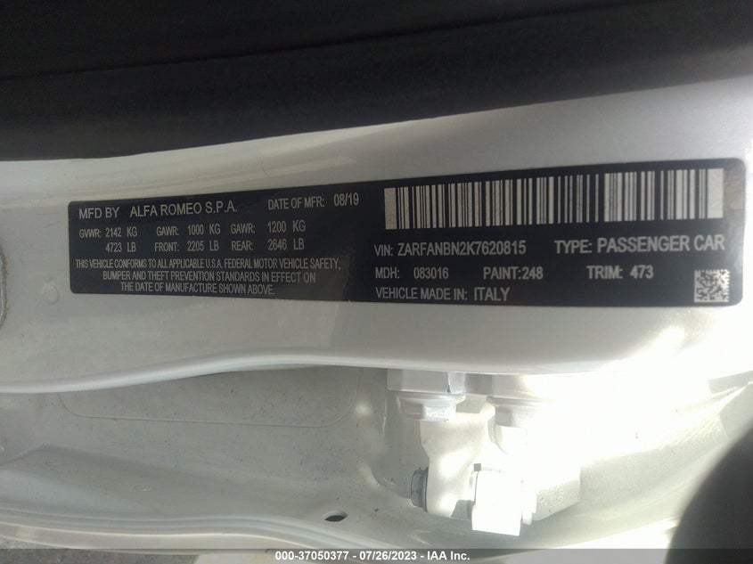 VIN ZARFANBN2K7620815 2019 ALFA ROMEO GIULIA TI
