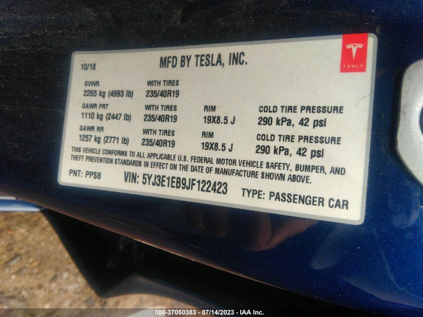 2018 TESLA MODEL 3 LONG RANGE - 5YJ3E1EB9JF122423