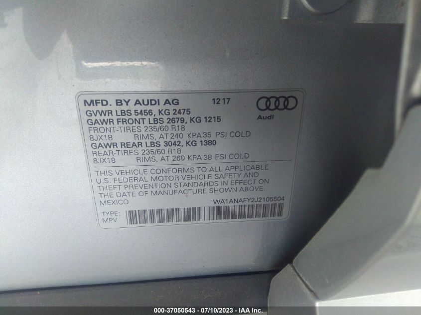 2018 AUDI Q5 PREMIUM/TECH PREMIUM - WA1ANAFY2J2105504