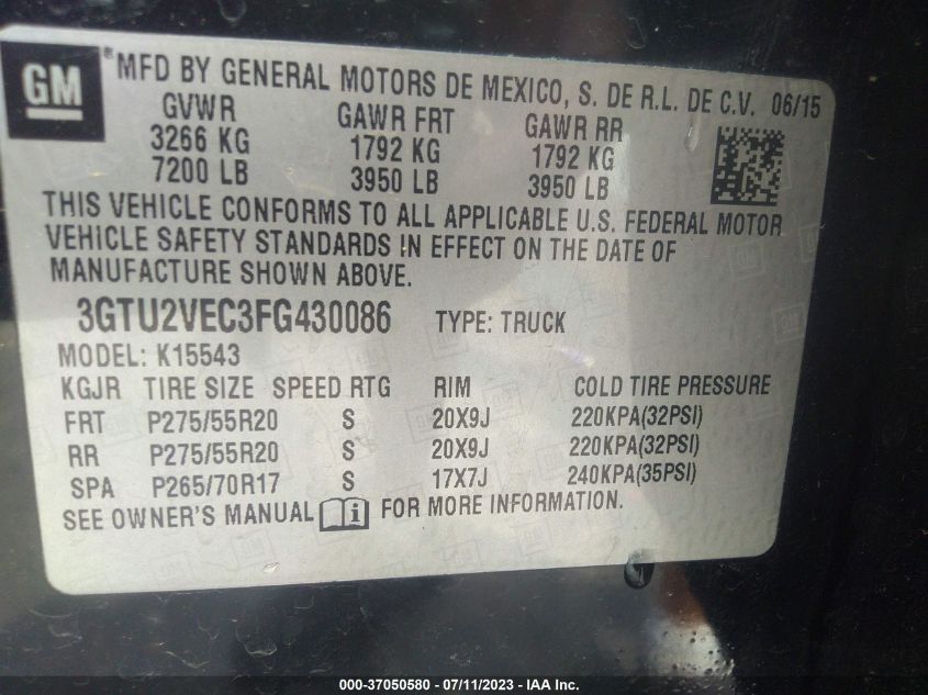 2015 GMC SIERRA 1500 SLT - 3GTU2VEC3FG430086