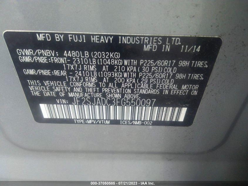 2015 SUBARU FORESTER 2.5I PREMIUM - JF2SJADC3FG550097