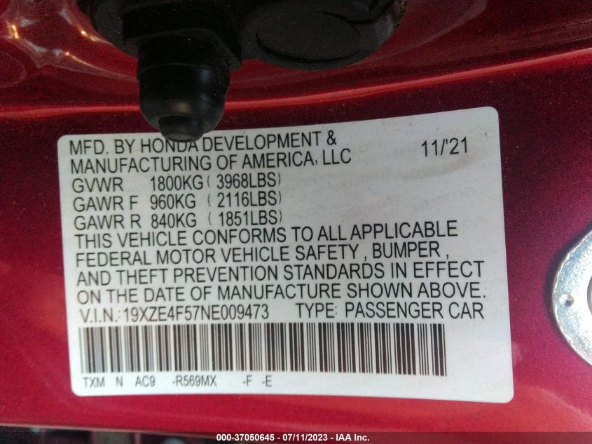 2022 HONDA INSIGHT EX - 19XZE4F57NE009473