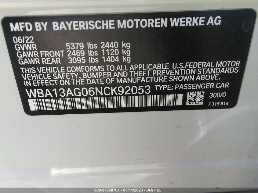 2022 BMW 5 SERIES 530E - WBA13AG06NCK92053
