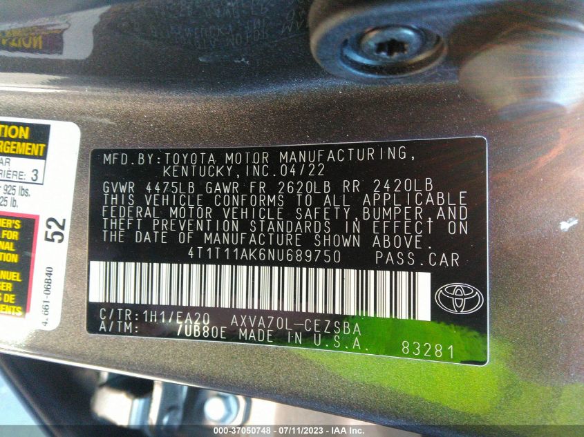 2022 TOYOTA CAMRY SE - 4T1T11AK6NU689750