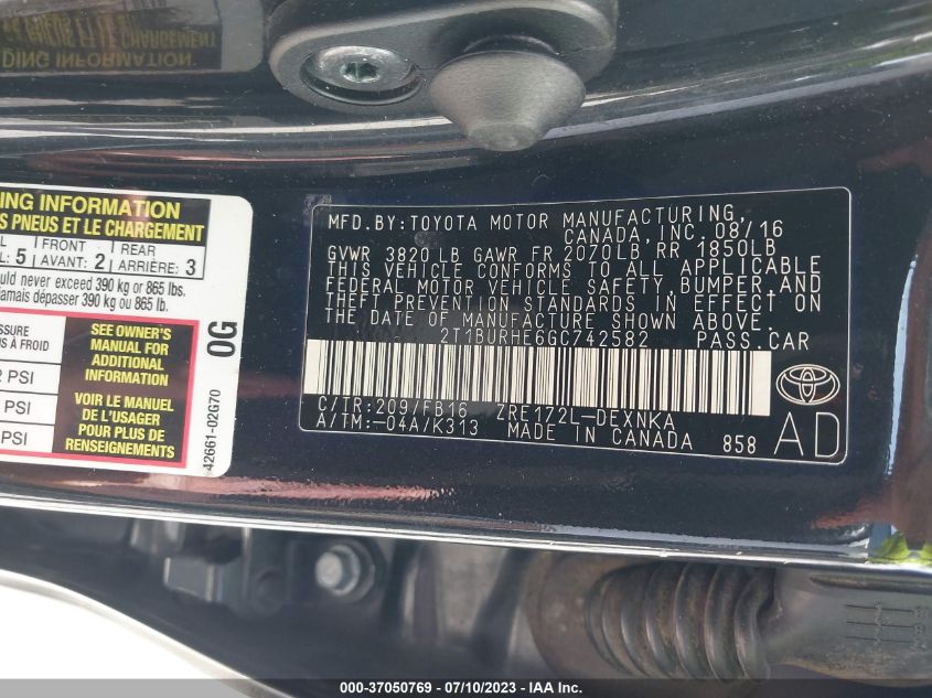 2016 TOYOTA COROLLA L/LE/S/S PLUS/LE PLUS - 2T1BURHE6GC742582