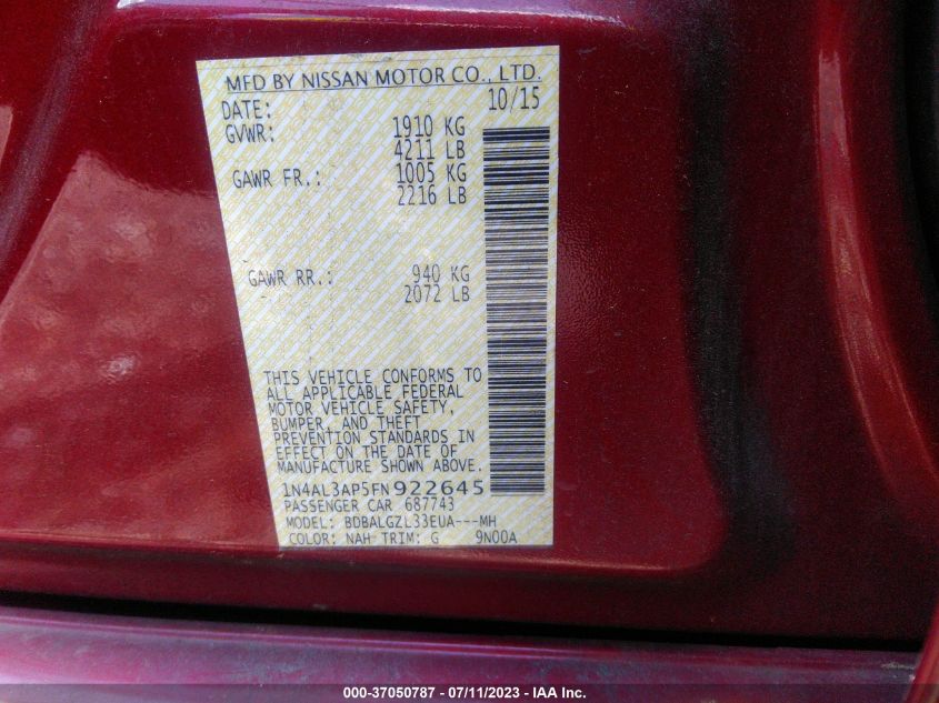 2015 NISSAN ALTIMA 2.5 S - 1N4AL3AP5FN922645