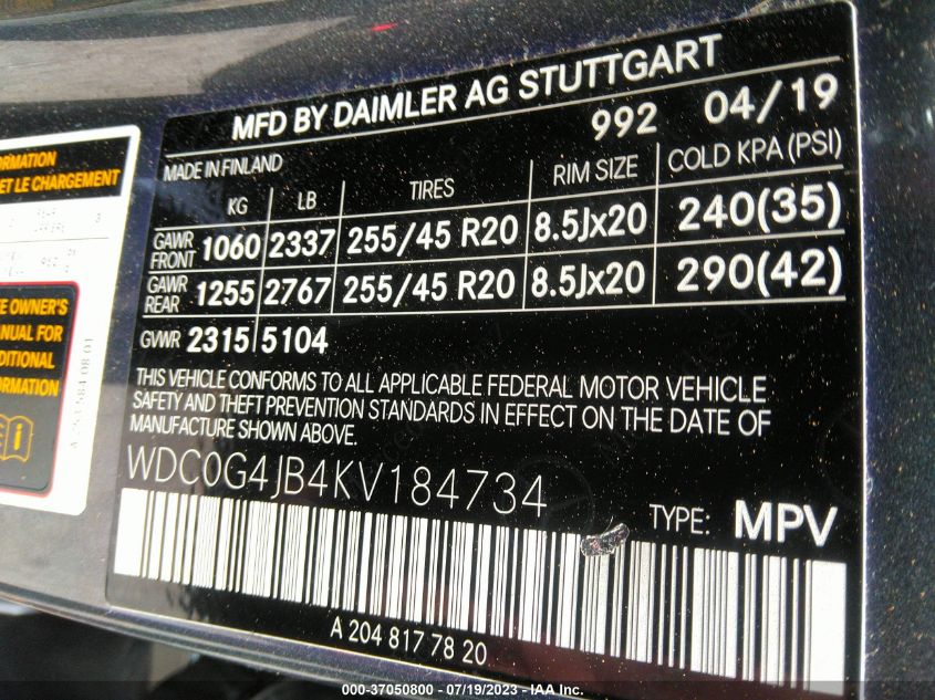 2019 MERCEDES-BENZ GLC GLC 300 - WDC0G4JB4KV184734