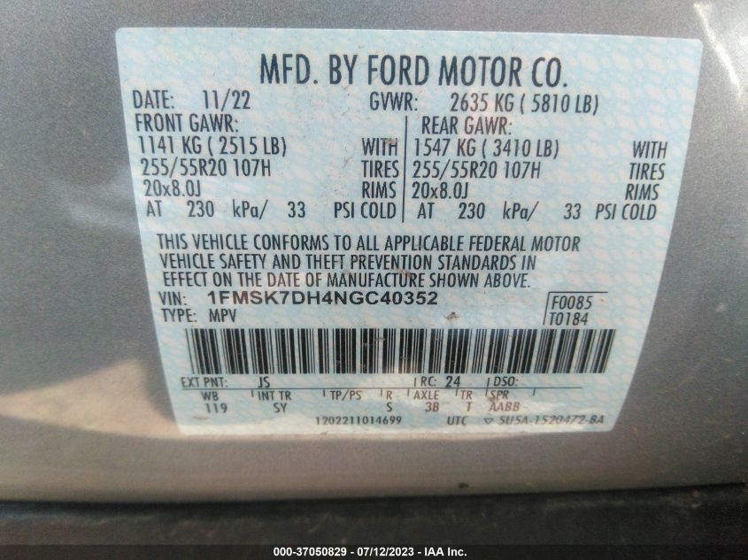 2022 FORD EXPLORER XLT - 1FMSK7DH4NGC40352