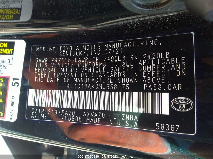 2021 TOYOTA CAMRY LE - 4T1C11AK3MU558175