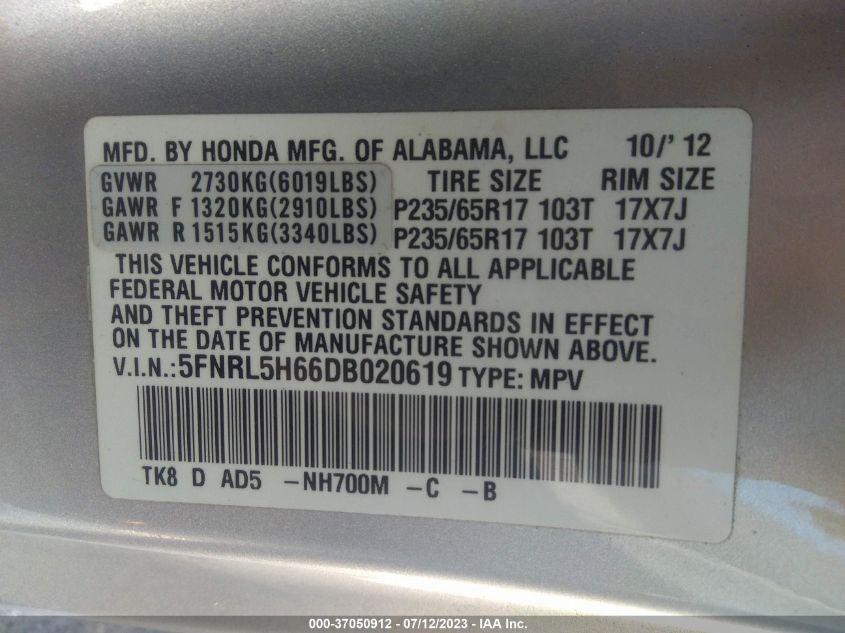 2013 HONDA ODYSSEY EX-L - 5FNRL5H66DB020619