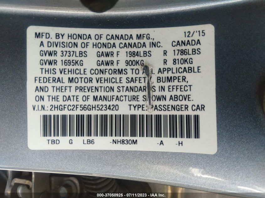 2016 HONDA CIVIC SEDAN LX - 2HGFC2F56GH523420