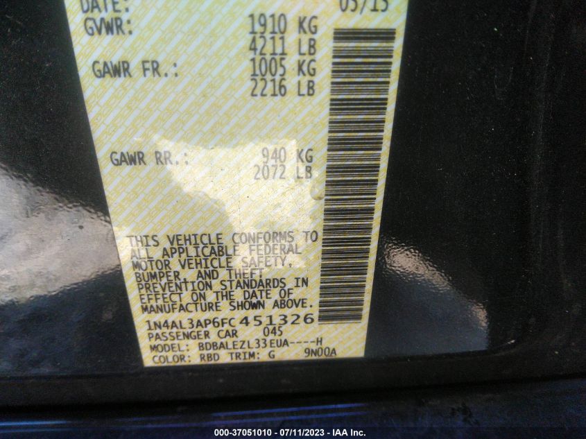 2015 NISSAN ALTIMA 2.5 S - 1N4AL3AP6FC451326