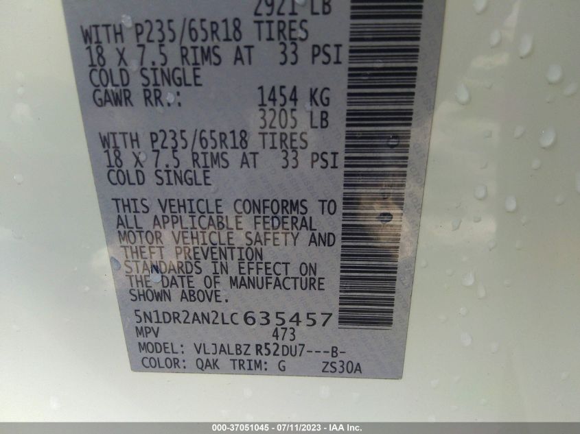 2020 NISSAN PATHFINDER S - 5N1DR2AN2LC635457