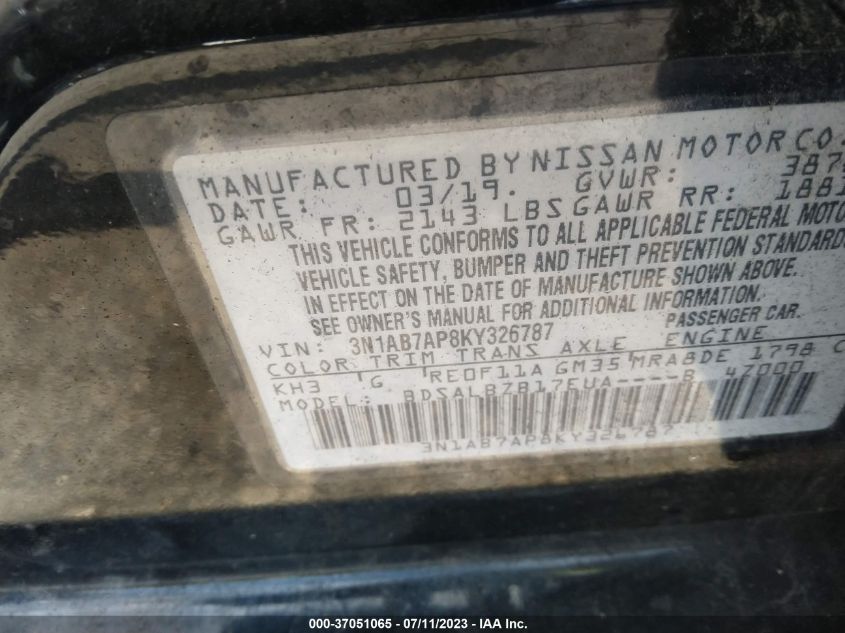 2019 NISSAN SENTRA S/SV/SR/SL - 3N1AB7AP8KY326787