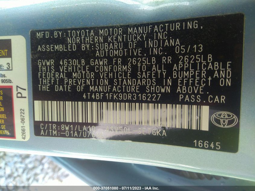 2013 TOYOTA CAMRY XLE - 4T4BF1FK9DR316227