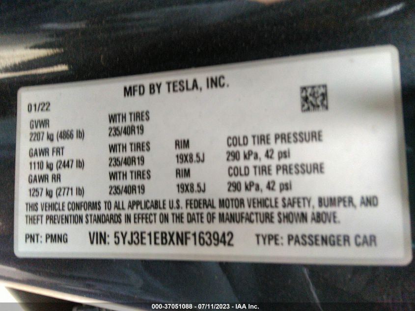 2022 TESLA MODEL 3 - 5YJ3E1EBXNF163942