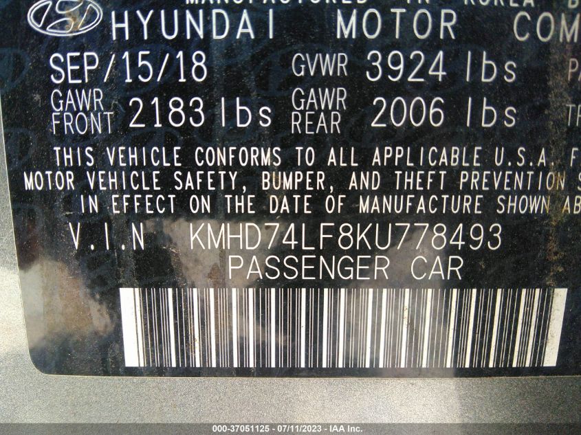 KMHD74LF8KU778493 Hyundai Elantra SE 9