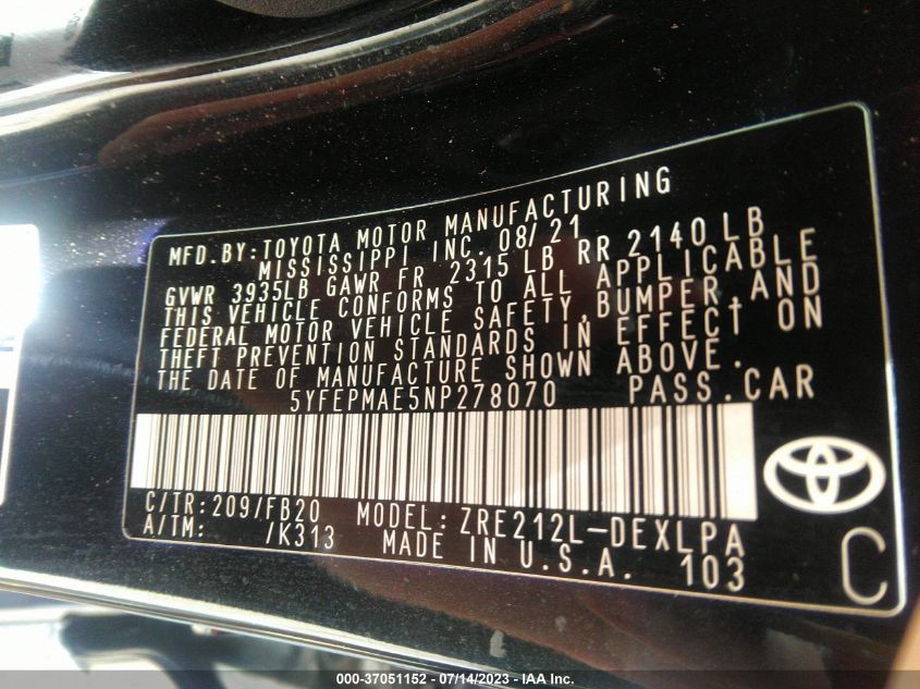 2022 TOYOTA COROLLA LE - 5YFEPMAE5NP278070