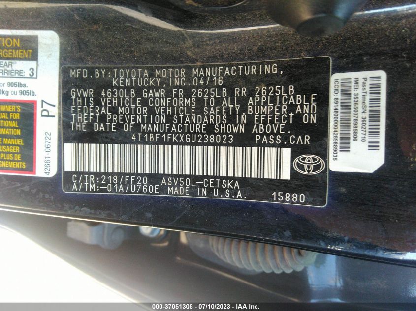 2016 TOYOTA CAMRY XLE/SE/LE/XSE - 4T1BF1FKXGU238023
