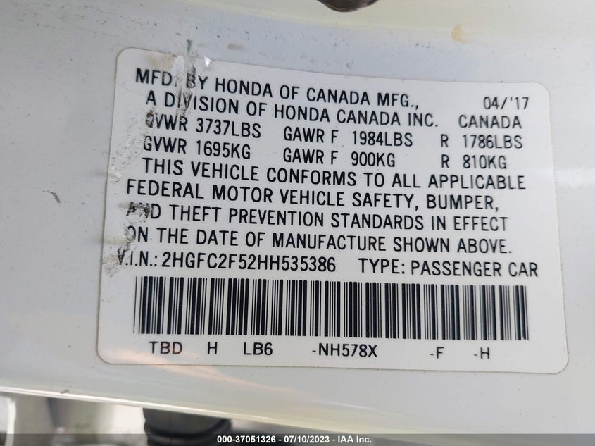 VIN 2HGFC2F52HH535386 2017 HONDA CIVIC SEDAN LX