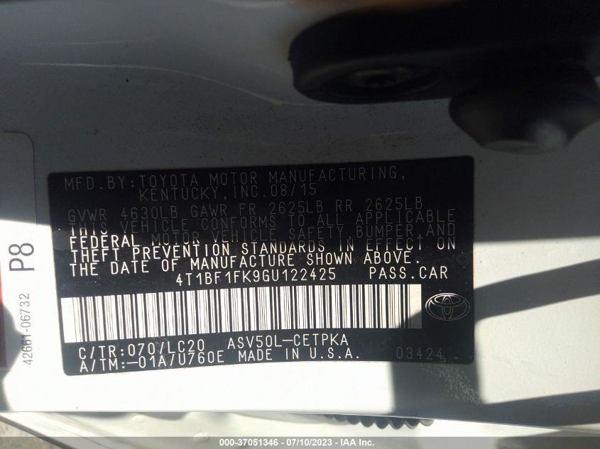 2016 TOYOTA CAMRY XLE/SE/LE/XSE - 4T1BF1FK9GU122425
