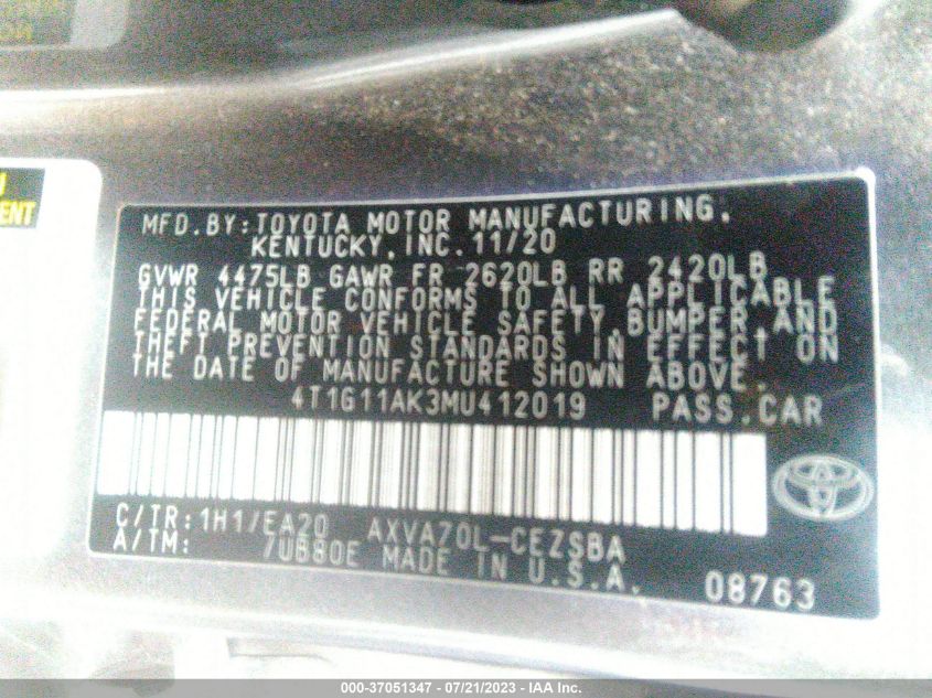 2021 TOYOTA CAMRY SE/SE NIGHT SHADE - 4T1G11AK3MU412019