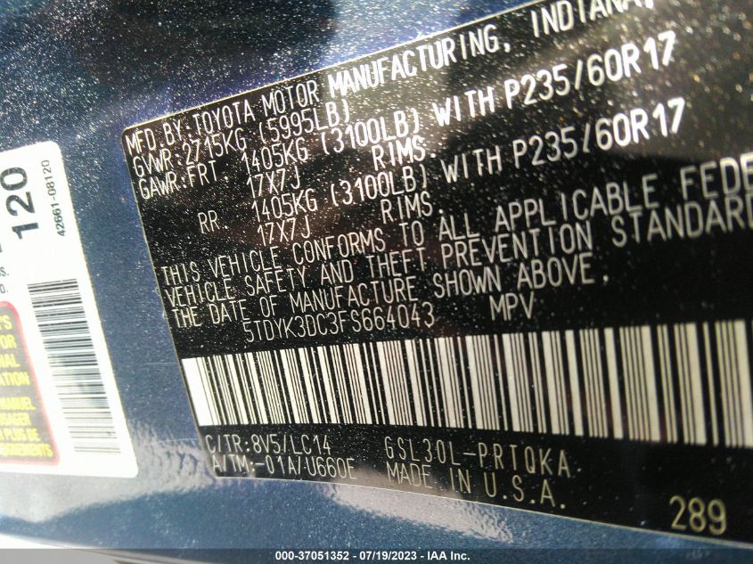 2015 TOYOTA SIENNA XLE/XLE AAS/LTD - 5TDYK3DC3FS664043