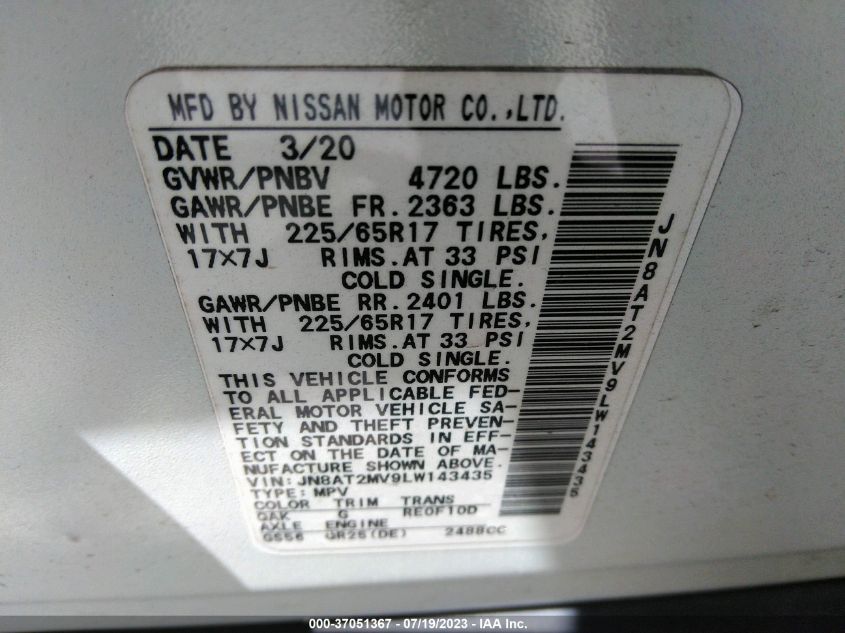2020 NISSAN ROGUE SV - JN8AT2MV9LW143435