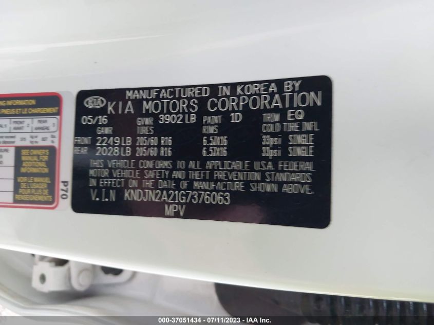 2016 KIA SOUL BASE - KNDJN2A21G7376063