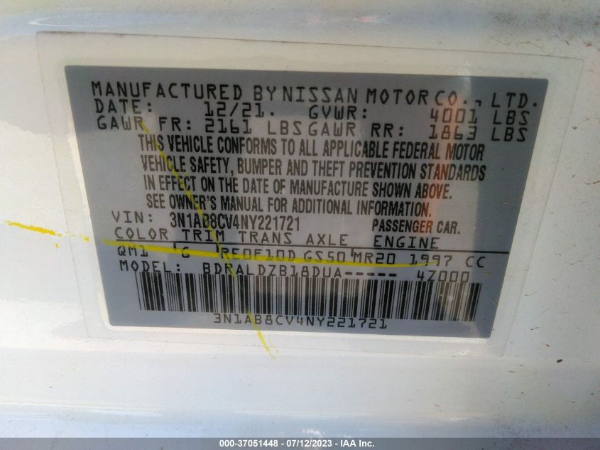 2022 NISSAN SENTRA SV - 3N1AB8CV4NY221721