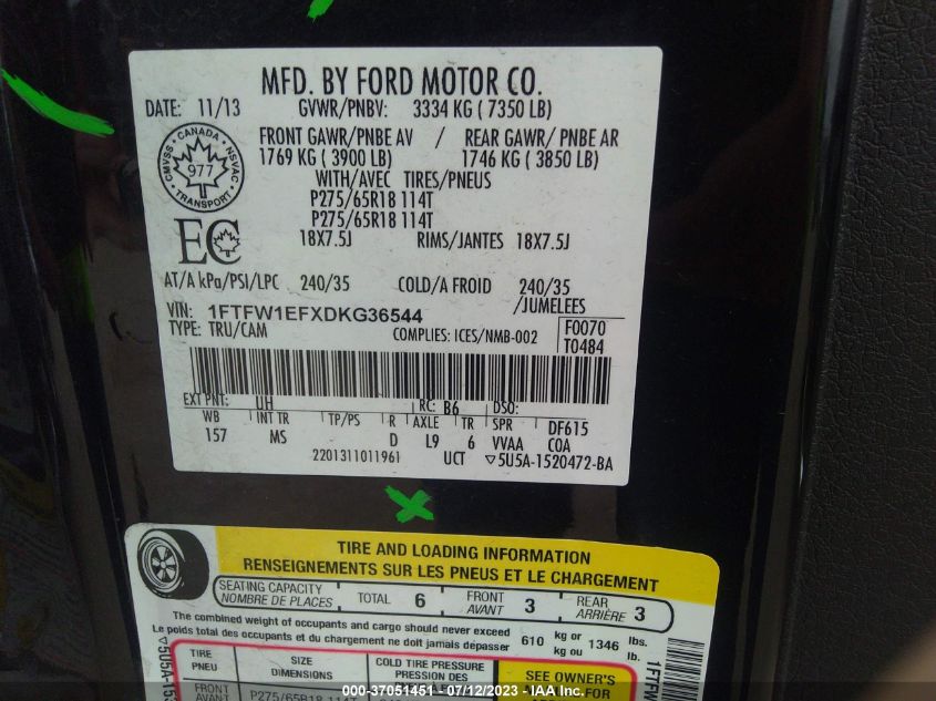 2013 FORD F-150 XL/XLT/FX4/LARIAT - 1FTFW1EFXDKG36544