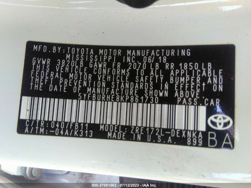 2019 TOYOTA COROLLA L/LE/SE/XLE/XSE - 5YFBURHE8KP861730