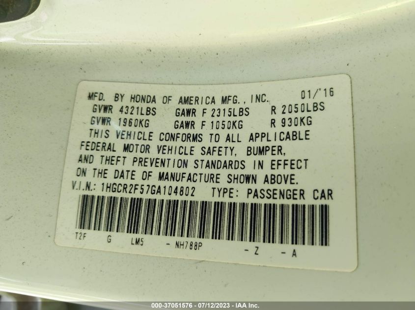 2016 HONDA ACCORD SEDAN SPORT - 1HGCR2F57GA104802