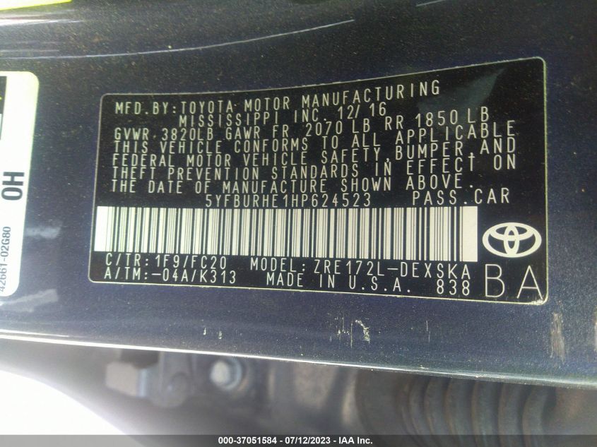 2017 TOYOTA COROLLA L/LE/XLE/SE/XSE - 5YFBURHE1HP624523