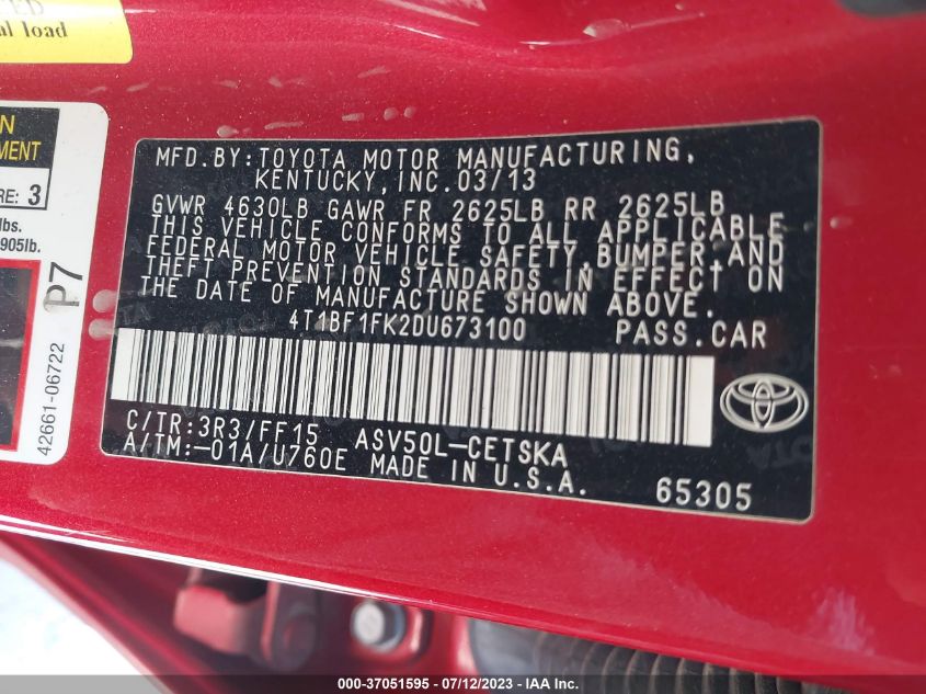 2013 TOYOTA CAMRY L/LE/SE/XLE - 4T1BF1FK2DU673100