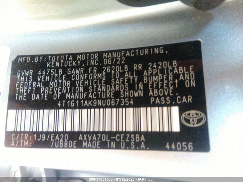 2022 TOYOTA CAMRY SE - 4T1G11AK9NU067354