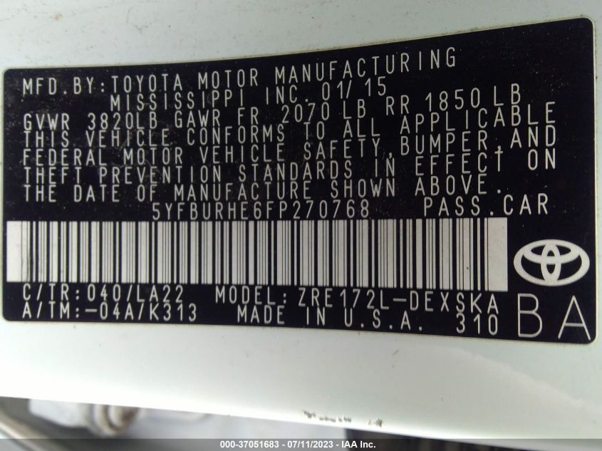 2015 TOYOTA COROLLA L/LE/S/S PLUS/LE PLUS - 5YFBURHE6FP270768
