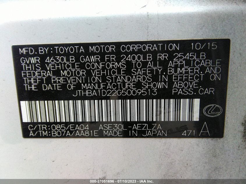2016 LEXUS IS 200T - JTHBA1D22G5009513