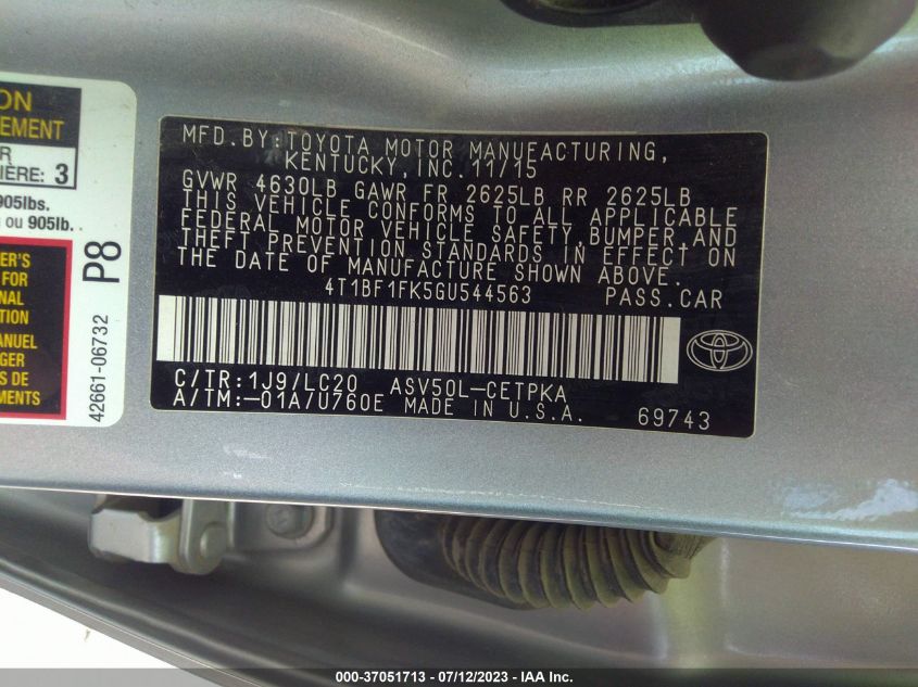 2016 TOYOTA CAMRY LE/XLE/SE/XSE - 4T1BF1FK5GU544563