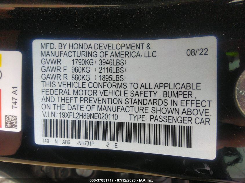 2022 HONDA CIVIC HATCHBACK SPORT - 19XFL2H89NE020110