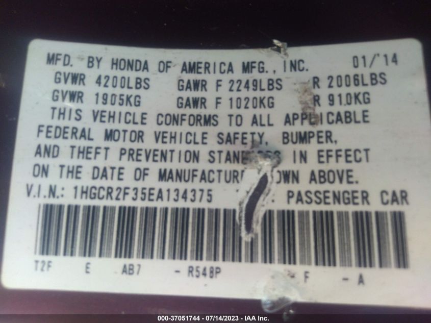 2014 HONDA ACCORD SEDAN LX - 1HGCR2F35EA134375