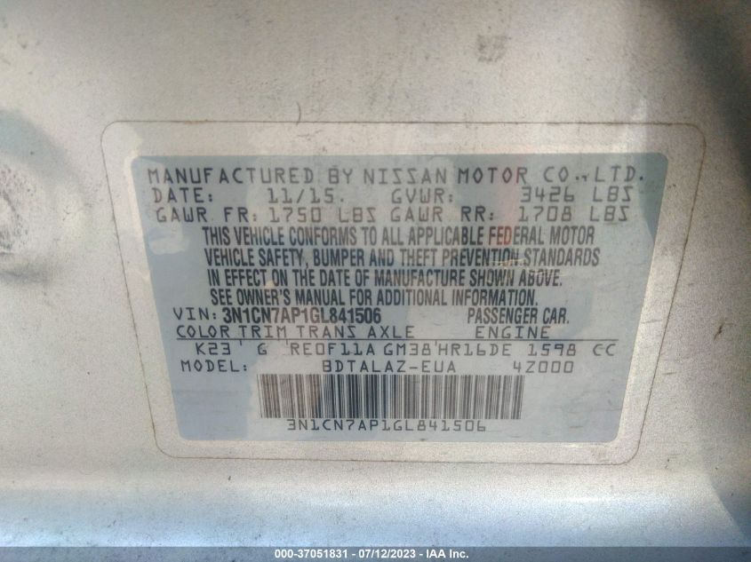 2016 NISSAN VERSA S PLUS - 3N1CN7AP1GL841506